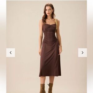 Rihoas Coffee Ruched Knitted Slip Midi Dress